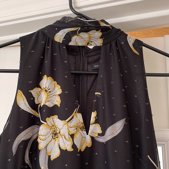 White House Black Market asymmetrical dress with gold colored flowers, size 0. - Picture 2 of 5